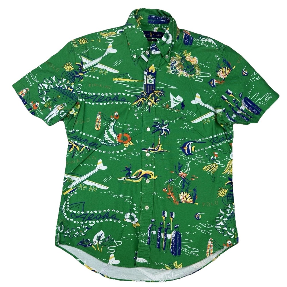 Polo Ralph Lauren Classic Fit Hawaiian‎ Aloha Print Shirt Green Men's Small Surf